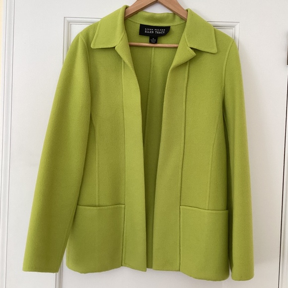 Linda Allard Ellen Tracy Chartreuse Green Open Front 100% Wool Jacket w/Pockets - Picture 3 of 7